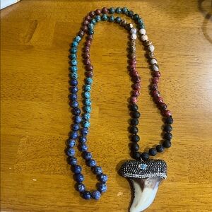 Beaded Multicolor Stone Necklace with Shark Tooth Pendant